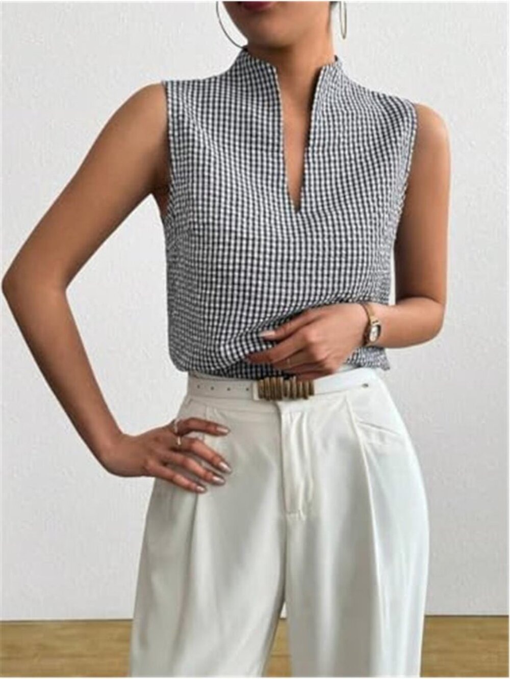 Women's Deep V Neck Black & White Sleeveless Work Tops Tank Tops Blouse - Picture 3 of 6